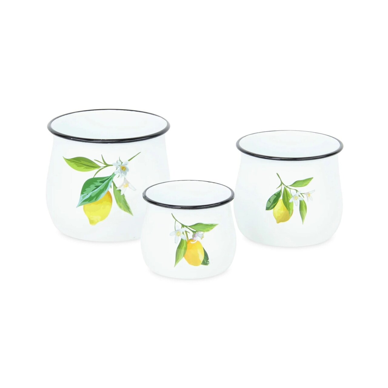Contemporary Home Living Set of 3 White and Yellow Lemon Metal Jars 5”